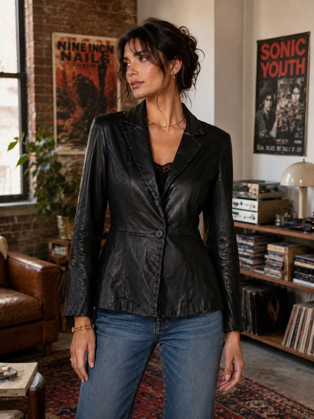 Vintage VS2 Black Genuine Leather Blazer Jacket Tailored Button Front Size 6